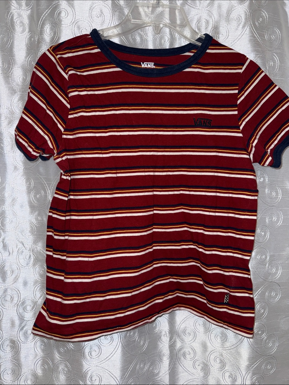 Vans Kids Burgundy and Navy Striped Ringer Tee Girls Size Large 🔥 B3